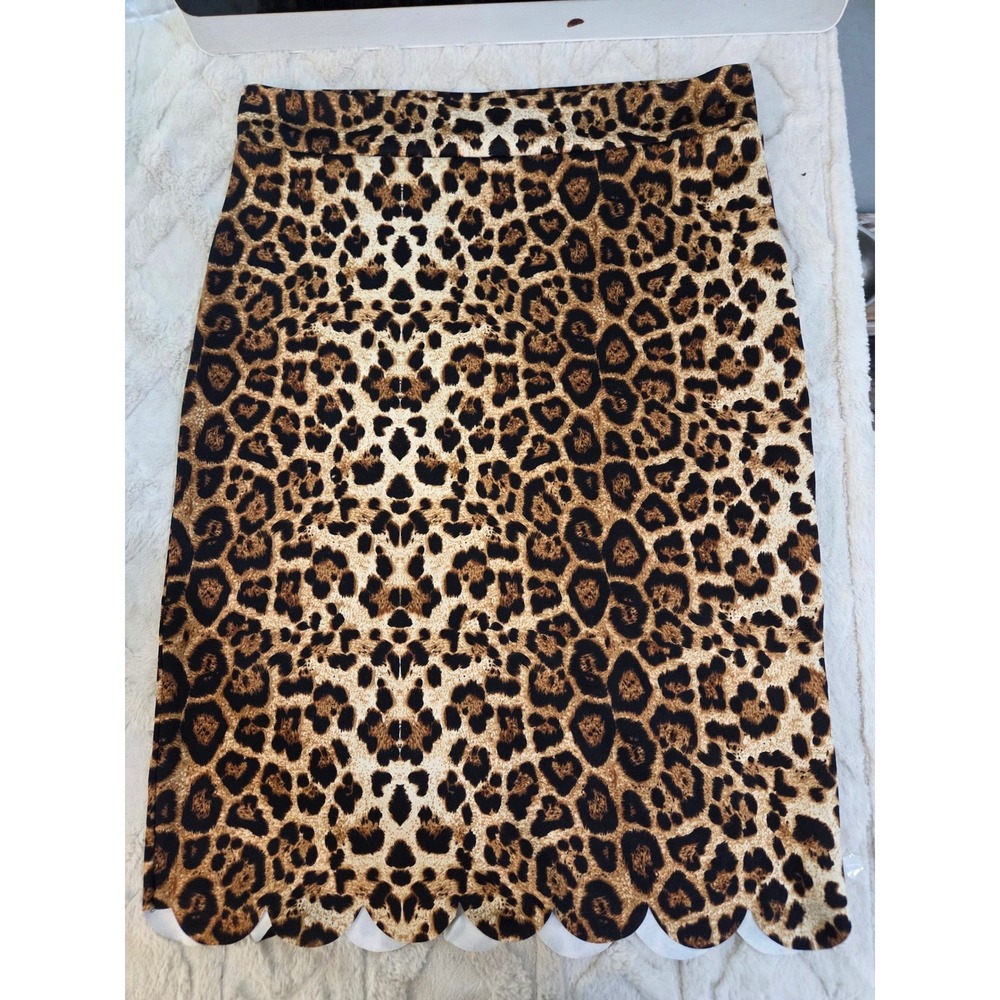 Hershe Leopard Print Scalloped Hem Pencil Skirt Brown Tan Animal Print 2XL